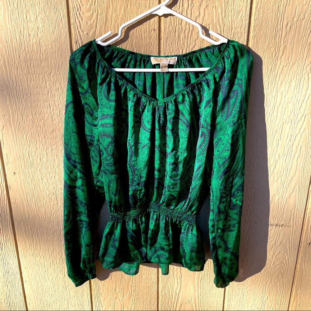 Green Michael Kors Flowy Long Sleeve Blouse with cinched waist size S